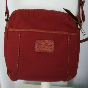 Fossil leather & canvas crossbody bag. 10" x 10"